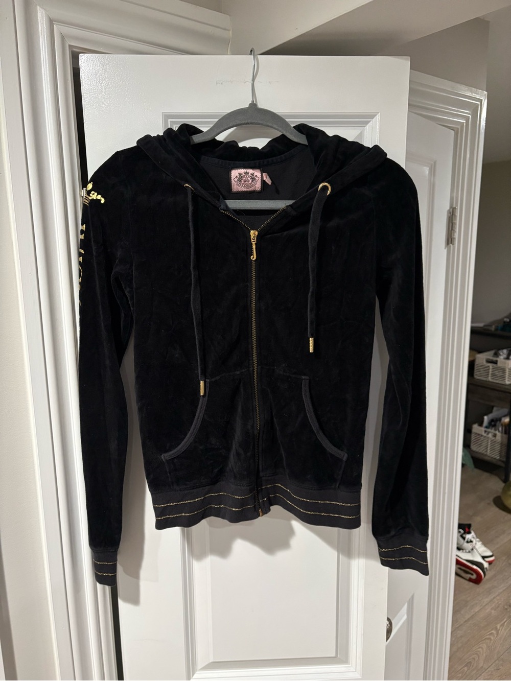 Juicy Couture Black Velour Zip Hoodie with Gold Accents